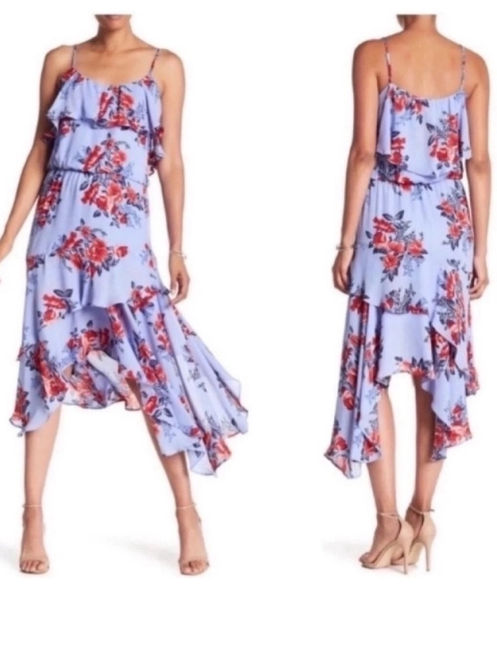 Parker Floral Ruffle Asymmetrical Midi Dress